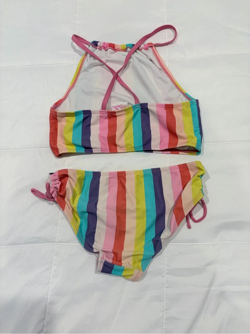 Kanu Surf Girls' Rainbow Stripe High-Neck Bikini - Pink, Yellow, Blue, Purple